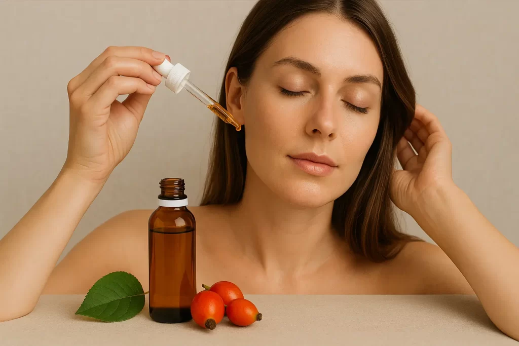 Mulher ao ar livre aplicando óleo vegetal no rosto, com luz natural de verão