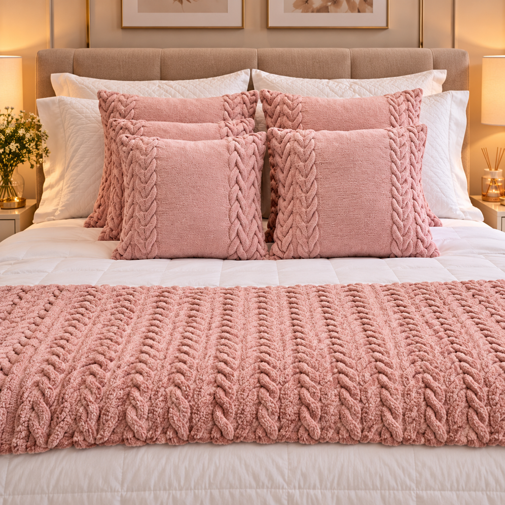 manta de tricô rosa para pé de cama